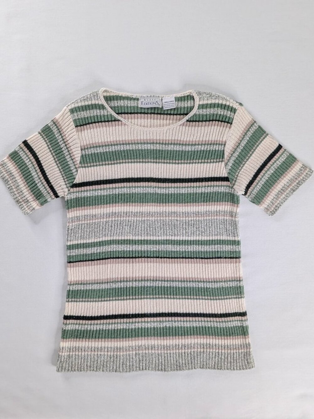 VTG Green Black Cream Stripe Ribbed Knit Stretch Short Sleeve Top